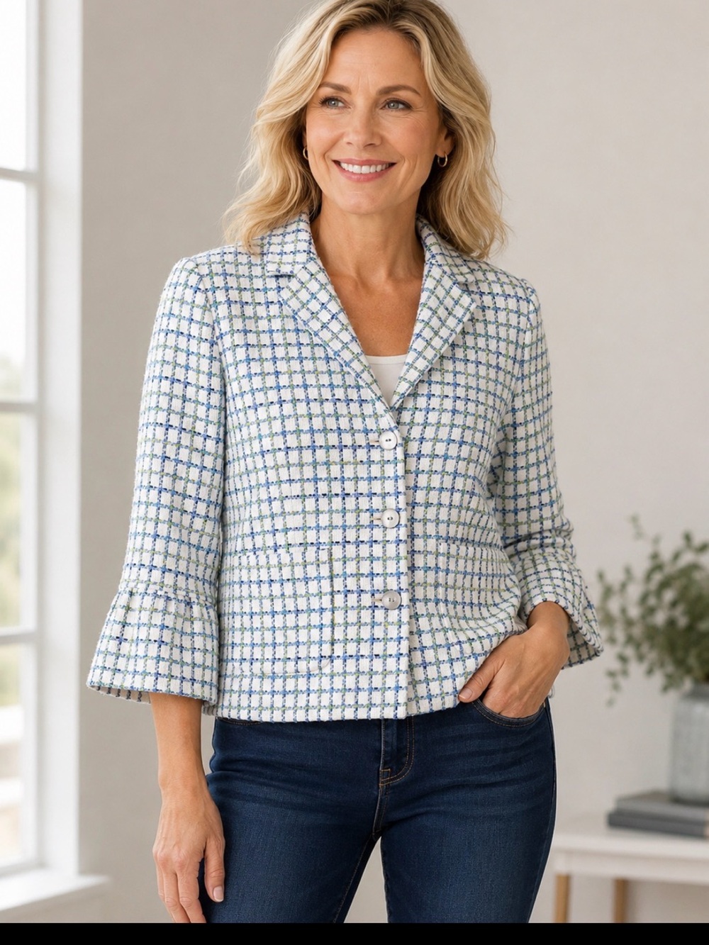 Sag Harbor White Tweed Cropped Jacket with Blue & Green Plaid